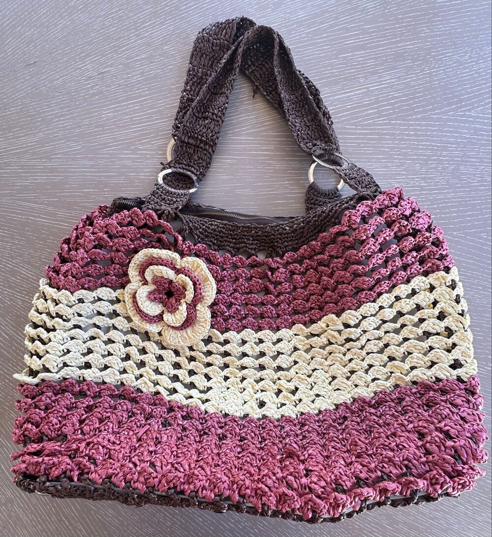 Boho Crochet Raffia Straw Slouchy Shoulder Bag Large Tri-Color Tote